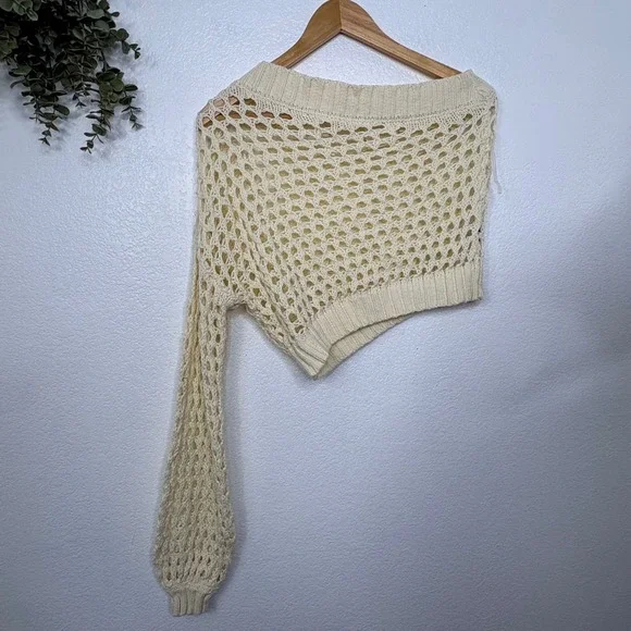 Maeve Anthropologie One Shoulder Crochet Sweater Ivory Sheer One Size Asymmetric - Picture 2 of 5